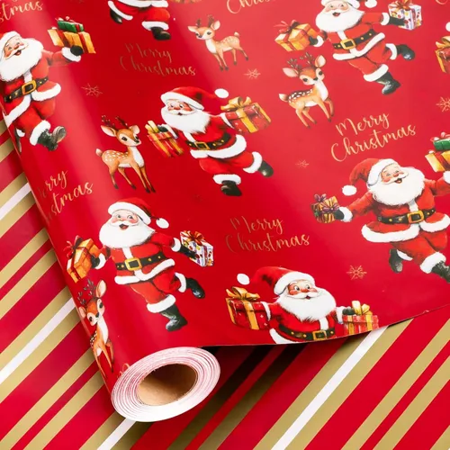 Vista 21 de Homeral Rollo de papel de regalo de Navidad, Papá Noel, muñeco de nieve y lazo y bastones de caramelo rosados, envoltura de regalo reversible