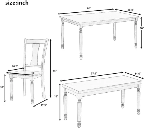 Vista 4 de LUMISOL Juego de mesa de comedor de 6 piezas con banco, juego de mesa de cocina rectangular de granja para comedor, mesa de comedor y juego de 4