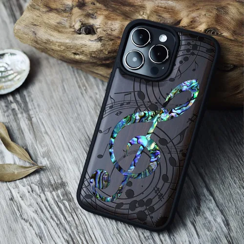 Vista 4 de Carveit Funda magnética protectora de madera de diseñador para iPhone 14 Pro Max [grabado en madera e incrustaciones de carcasa] Funda de madera
