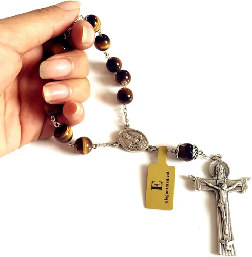 Vista 2 de elegantmedical 10MM Tiger Eye Beads Oración Católica una década rosario pulsera cruz Regalo y caja rosario coche, Plata de ley