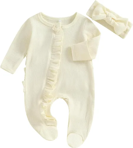 Vista 2 de Ropa para bebé recién nacida, con volantes, con cremallera, para llegar a casa, ropa de otoñoinvierno de 0 a 12 meses