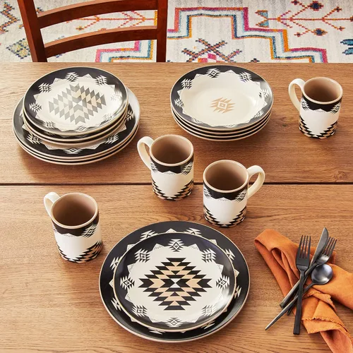 Vista 7 de Paseo Road Chalet Aztec - Juego de vajilla de cerámica de 16 piezas con platos, cuencos, tazas, estilo cabaña rústica del suroeste