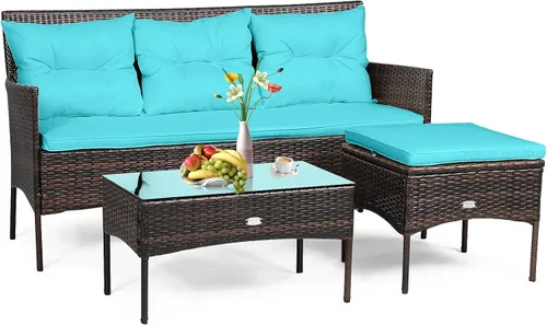 Vista 13 de RELAX4LIFE Juego seccional de muebles de patio de 3 piezas, conversación de mimbre de ratán con 5 cómodos cojines de asiento y respaldo, mesa