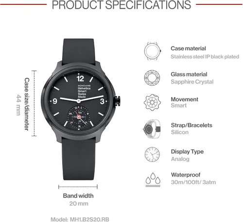 Vista 3 de Mondaine Helvetica Smart MH1B2S20LB - Reloj inteligente para hombre de 1732in correa de cuero negro resistente al agua cristal de zafiro Negro