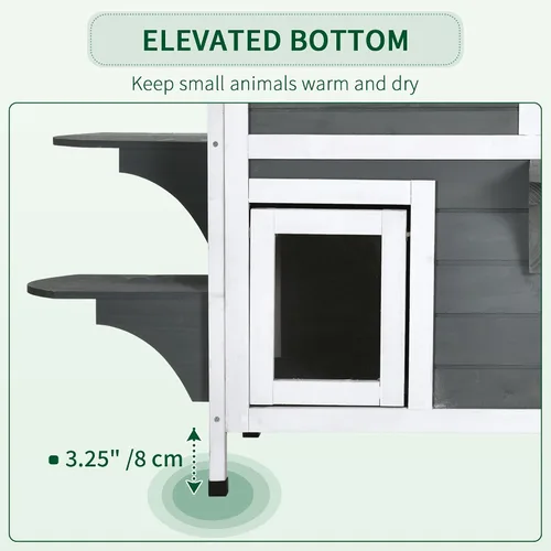Vista 4 de Casa para gatos de 2 pisos al aire libre, resistente a la intemperie para gatos salvajes con puerta de escape, techo que se abre, plataformas