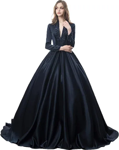 Vista 3 de Kivary Vestido de noche de manga larga vintage con cuello en V y línea A