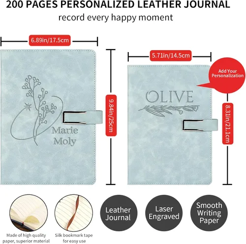 Vista 4 de Cuaderno de cuero con nombre personalizado con hebilla magnética, cuadernos personalizados para mujeres, regalos del día de la madre para abuela
