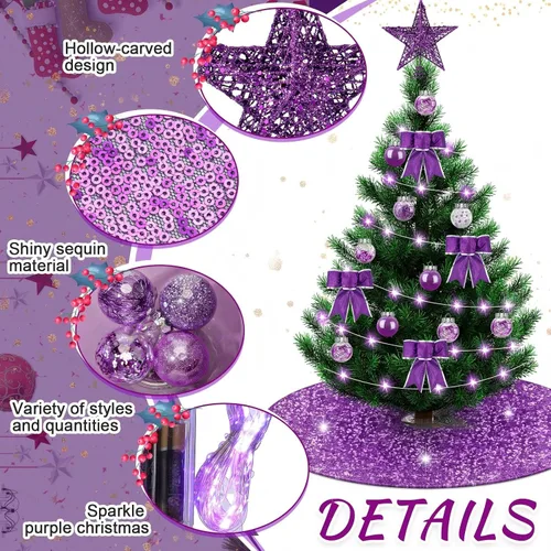 Vista 3 de Hiboom Juego de 48 piezas de decoraciones de árbol de Navidad morado, estrella de purpurina, topper de árbol con lentejuelas, falda de árbol