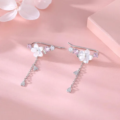 Vista 5 de Reffeer Aretes de plata de ley 925 con circonita cúbica, para mujeres, adolescentes, niñas, delicados aretes escaladores de flores, cadena colgante