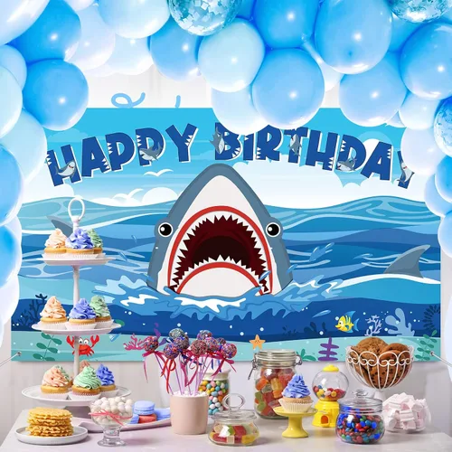 Vista 5 de Tatuo Cartel de fondo de cumpleaños de tiburón, decoraciones de cumpleaños de tiburón, fondo de fotografía de zona para niños y niñas, suministros