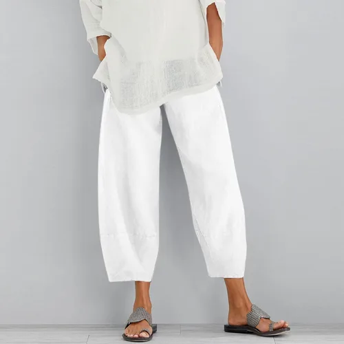 Vista 2 de ZDFER Pantalones capri de verano para mujer, de algodón, lino, holgados, cintura elástica, pierna ancha, con bolsillo