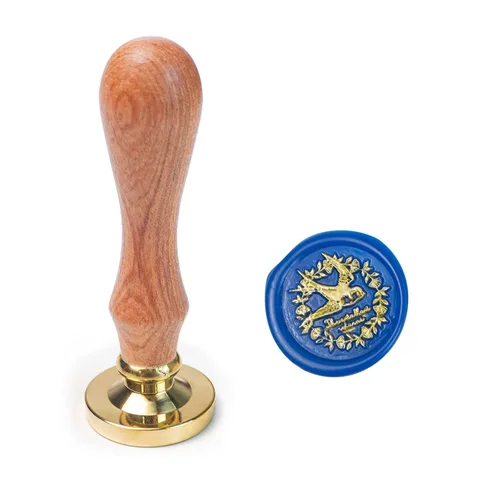 Vista 24 de Sello de cera de flor con mango de madera de cabeza de latón extraíble para sellado de sobres