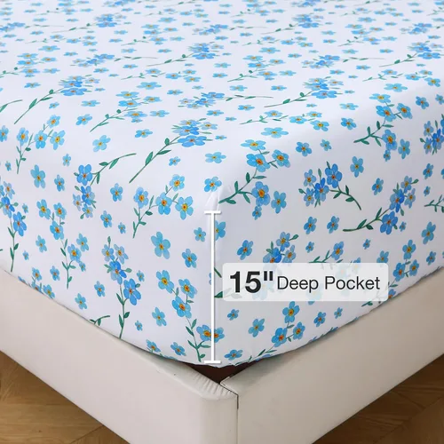 Vista 4 de Viviland Juego de sábanas tamaño individual con estampado de flores azules frescas de 3 piezas, sábanas de microfibra suave y transpirable