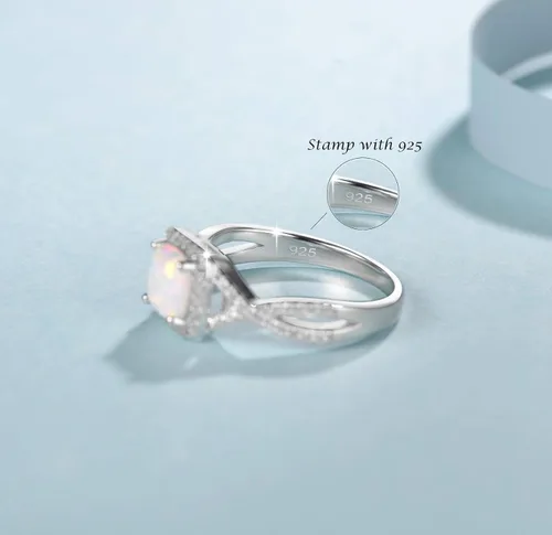 Vista 4 de FANCIME Anillos de ópalo creados con piedra natal de octubre, plata de ley, 4 puntas, halo de ópalo de fuego blanco, circonita cúbica, anillo