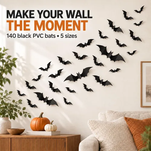 Vista 6 de Cleangor - 140 decoraciones de murciélago de Halloween, decoración de pared Negro