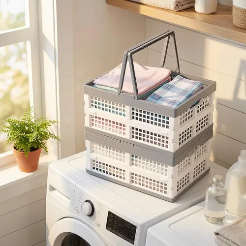 Vista 8 de Paquete de 2 cajas de almacenamiento plegables de plástico con asas, cajas plegables de plástico de 15 L para compras