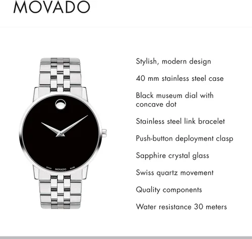 Vista 2 de Movado Men's Museum Stainless Steel Watch with Concave Dot Museum Dial, SilverBlack (Model 607199)