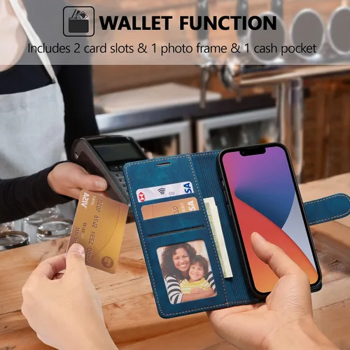 Vista 2 de QLTYPRI Funda para iPhone 13, funda de piel sintética con cierre magnético, soporte para tarjetas, función atril, a prueba de golpes, funda Azul