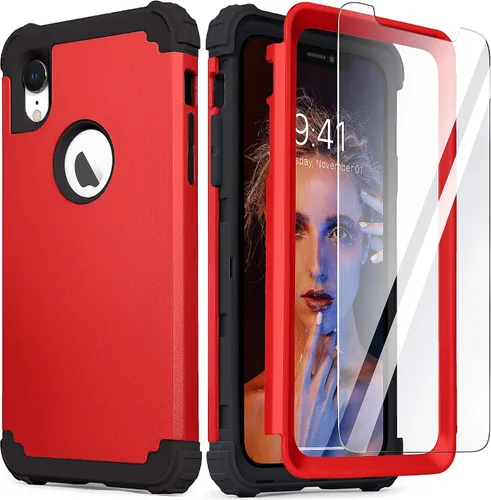 Vista 20 de IDweel Funda para iPhone XR, funda para iPhone XR con protector de pantalla de vidrio templado, 3 en 1, a prueba de golpes, delgada, híbrida, Negro