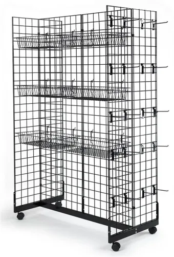 Vista 3 de Only Hangers Panel de exhibición de rejilla Gridwall con base de góndola - Unidad de góndola de rejilla negra con ruedas