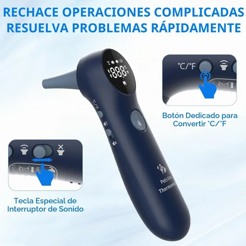 Vista 5 de Termómetro de orejas para mascotas, para perros, gatos y ganado, diseño de sonda larga, botón dedicado de conversión de ℃/℉ e interruptor de sonido
