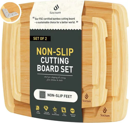 Vista 13 de Tabla de cortar de bambú extra grande con pies antideslizantes y tabla de cortar de madera para cocina con ranura de jugos para carne, verduras