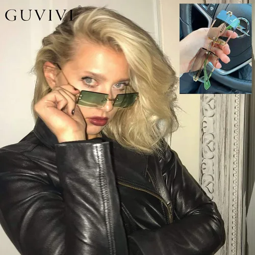 Vista 2 de GUVIVI Gafas de sol rectangulares sin montura para mujeres y hombres pequeñas cuadradas de moda de colores de los años 90 gafas unisex