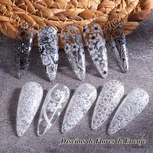 Vista 6 de Calcomanías de transferencia de papel de aluminio de encaje para decoración de uñas, calcomanías de transferencia de flores blancas y negras