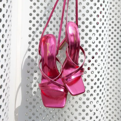 Vista 3 de GENSHUO Sandalias de tacón para mujer con tiras y cordones de tacón alto, sandalias de punta cuadrada, sandalias de tacón para fiestas, bailes