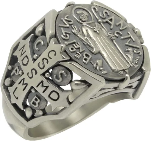 Vista 9 de St Benedict christian catholic ancient Sterling Silver 925 medal mens ring, Exorcism