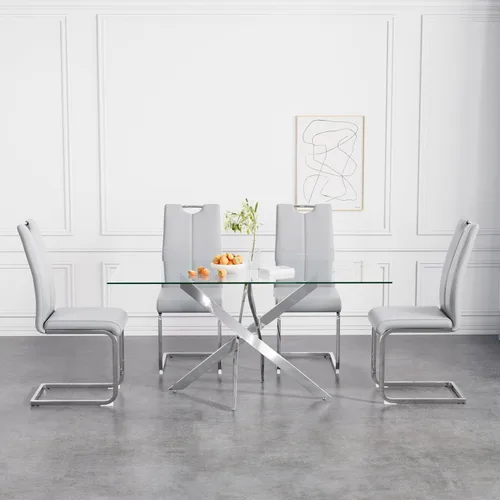 Vista 41 de Juego de mesa de comedor de 36 pulgadas para 4, moderna parte superior cuadrada de vidrio templado, mesa de patas de acero inoxidable con acabado