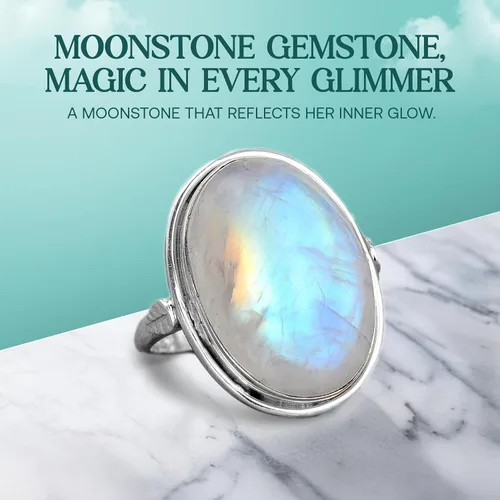Vista 3 de Anillo de plata de ley Boho-Magic con piedra lunar para mujer Joyería boho con piedra preciosa ovalada Anillo de piedra lunar arcoíris Regalo