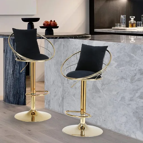 Vista 2 de Taburetes de bar giratorios de terciopelo con respaldo bajo y reposapiés, taburetes de bar ajustables con almohada, taburete de bar dorado de lujo