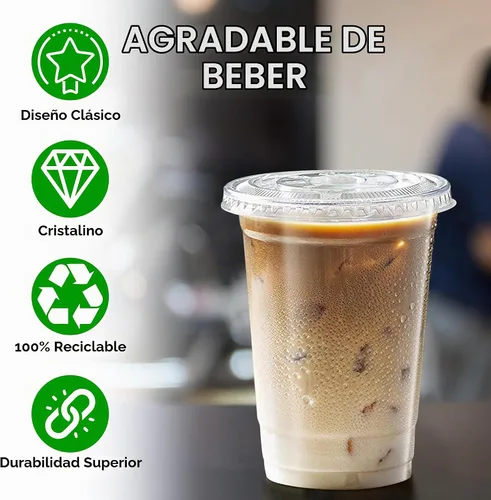 Vista 4 de Green Direct Vasos de plástico ultra transparentes con tapas planas para café helado, batido de té Boba (100, 10 onzas)