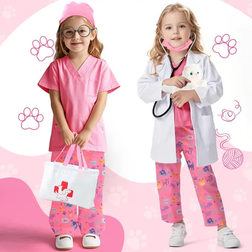 Vista 6 de Latocos 10 piezas de disfraz de veterinario para niños, kit de juego de doctor veterinario para niños pequeños, abrigo de gato para niños y niñas