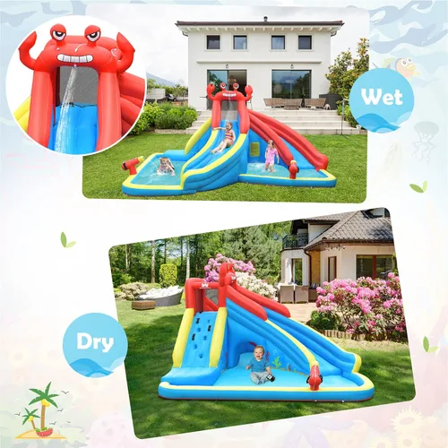 Vista 6 de BOUNTECH - Tobogán acuático inflable, parque acuático 7 en 1 para niños y adultos, diversión al aire libre con doble tobogán largo, soplador de 950