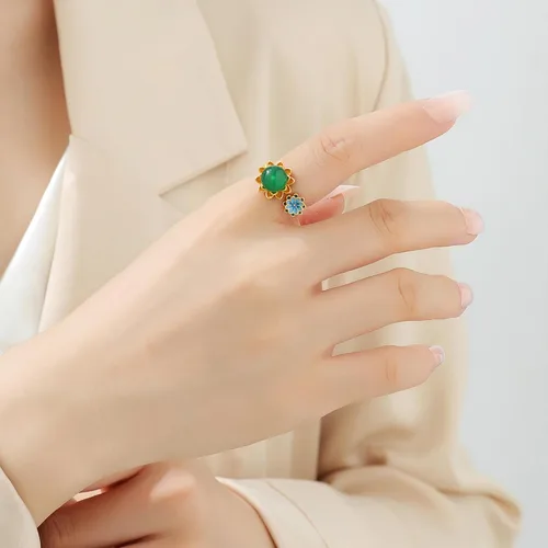 Vista 4 de Anillos de jade de loto chino para mujer, anillo étnico ajustable de apertura, Esmalte, No