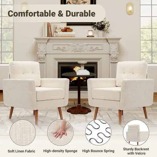 Vista 5 de Linen Fabric Single Sofa, Accent Chair, Mid Century Modern Armchair for Living Room, Bedroom Button Tufted Upholstered Comfy Reading Sofas, Beige