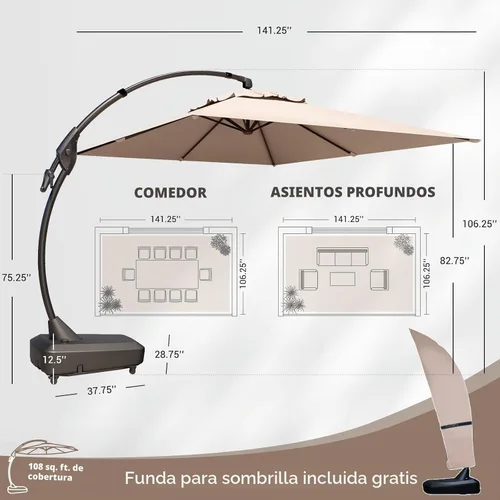 Vista 2 de Grand Patio 9x12 pies Sombrilla voladiza con base y funda para exterior, sombrilla rectangular de aluminio para terraza y jardín (Champán, 9x12 pies)