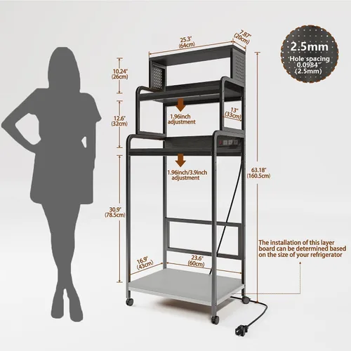 Vista 2 de COCOLUCKY Soporte de tablero de clavijas para nevera mini de 4 niveles con almacenamiento, gabinete para nevera mini con toma de corriente, estante