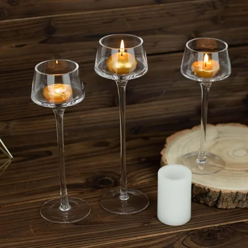 Vista 9 de Efavormart - Juego de 3 centros de mesa con pedestal de cristal transparente de tallo largo, portavelas de disco de candelita altos, 8, 9, 10