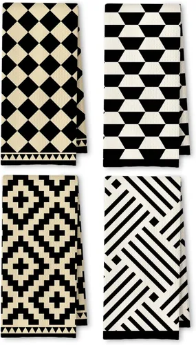Vista 8 de Toallas de Cocina a Cuadros Neutros Bohemios, Toallas de Cocina y Té a Cuadros Beige y Negro para Decoración de Cocina, Toallas de Mano Retro