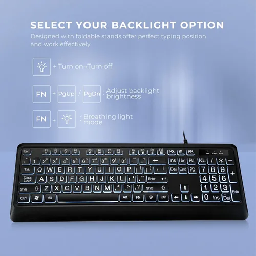 Vista 4 de KOPJIPPOM Teclado Retroiluminado de Letras Grandes, Teclado de Computadora con Cable USB, Teclado de Tamaño Completo con LED Blanco Iluminado