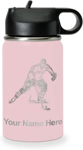 Vista 78 de LaserGram Botella de agua personalizada, jugador de hockey, acero inoxidable de doble pared aislada al vacío con popote superior, regalo grabado