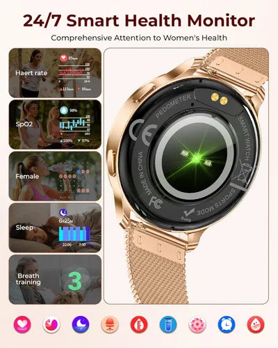 Vista 5 de Relojes inteligentes para mujeres, pantalla AMOLED de 1.27" con monitor de fitness, frecuencia cardíaca, SpO2, monitor de sueño, 3 bandas, más