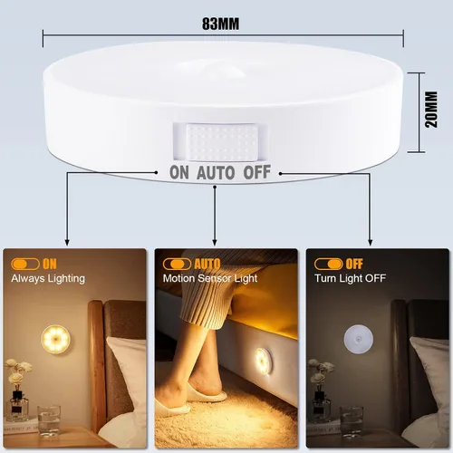 Vista 2 de Paquete de 3 luces con sensor de movimiento, 8 LED de luz nocturna recargable, con cable USB y parche magnético, 3 modos, luz de pared segura Blanco