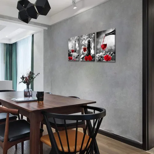 Vista 6 de Decoración de vino para cocina, arte en lienzo con rosas de vino tinto, arte para paredes del hogar, blanco y negro, con pintura de vino tinto, arte