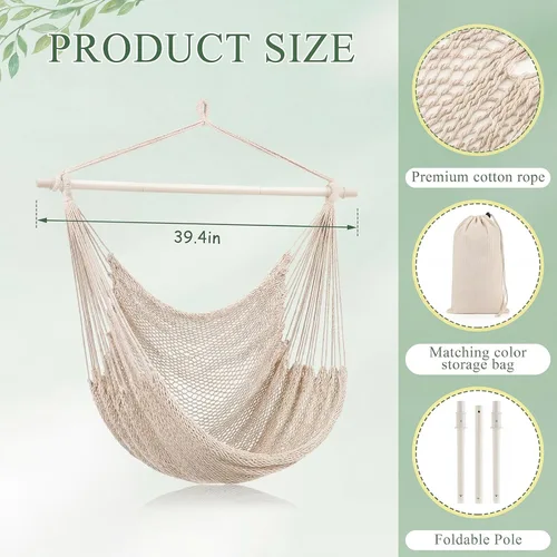 Vista 2 de Barydat - 2 sillas colgantes tipo hamaca estilo bohemio, para exteriores e interiores, cómoda cuerda de algodón suave con barras de metal Beige