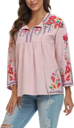 Vista 5 de YZXDORWJ Camisa bordada mexicana para mujer