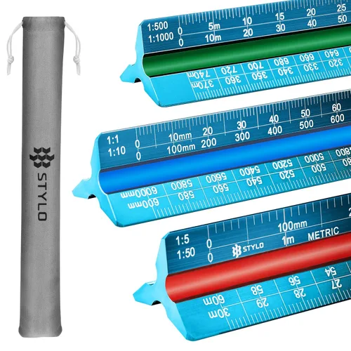 Vista 12 de Stylo Regla de escala de arquitecto de aluminio de 12" con grabado láser, regla triangular de dibujo, ranuras codificadas por color para planos, Gris
